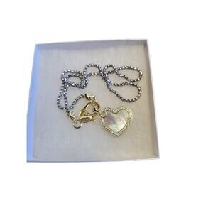 NIB Two Tone Heart Necklace Mother of Pearl Pendant Gold Silver Toggle Clasp